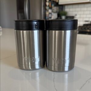 Yeti Stainless Steel Rambler Can Insulators in Silver with Black Lids - Set of 2